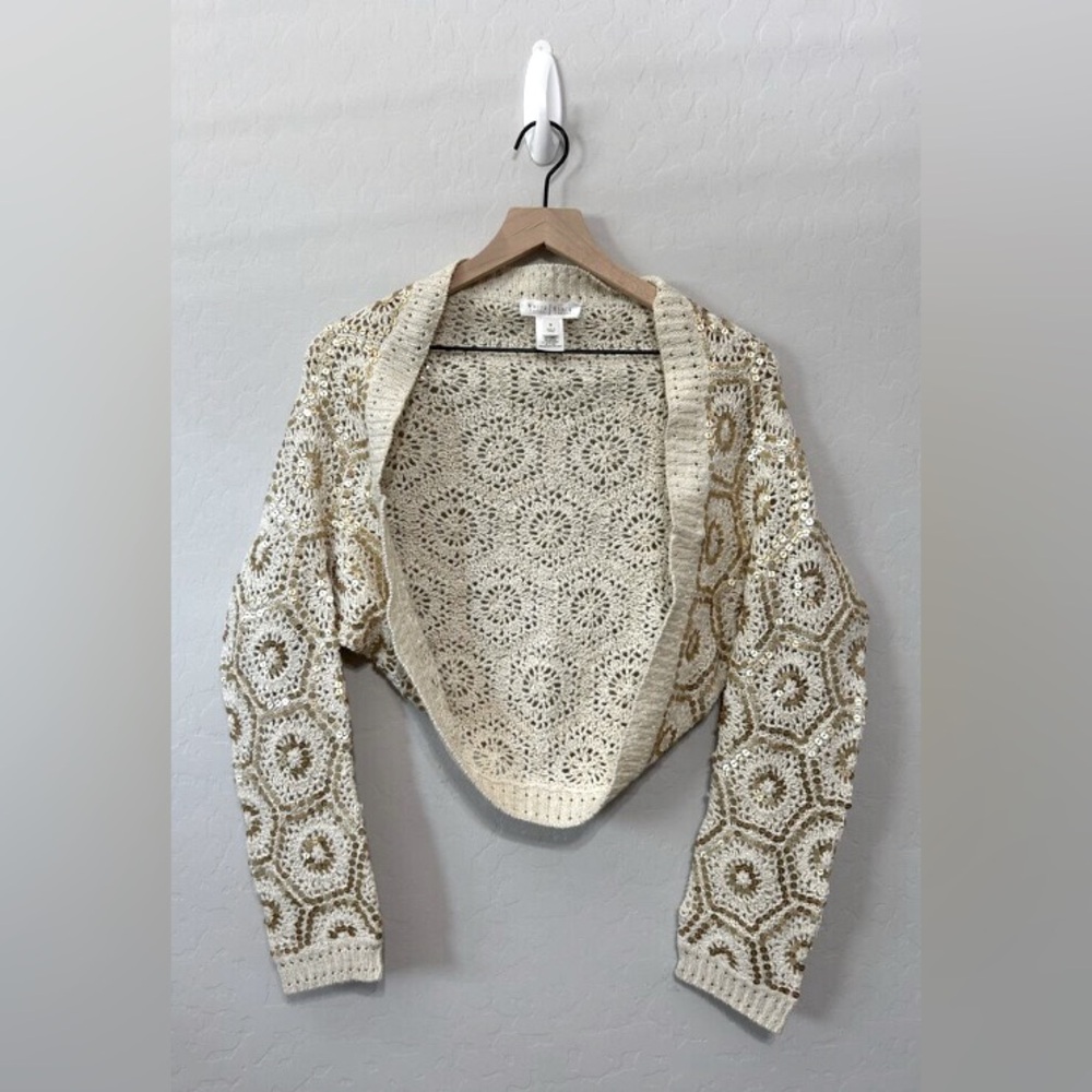 LN White House Black Market Cropped Embroidered Knit Sequin Open Cardigan Y2K - Picture 4 of 16